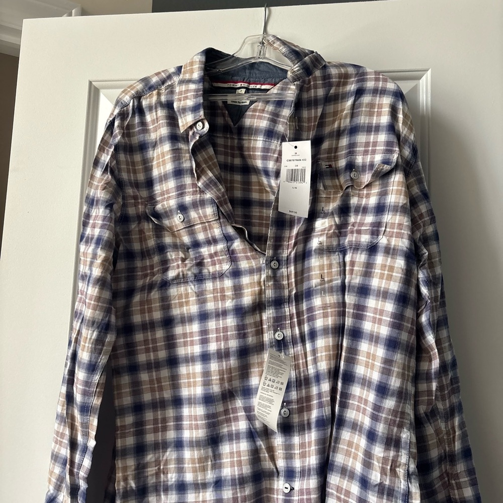 Tommy Hilfiger Blue and Brown Checkered Shirt